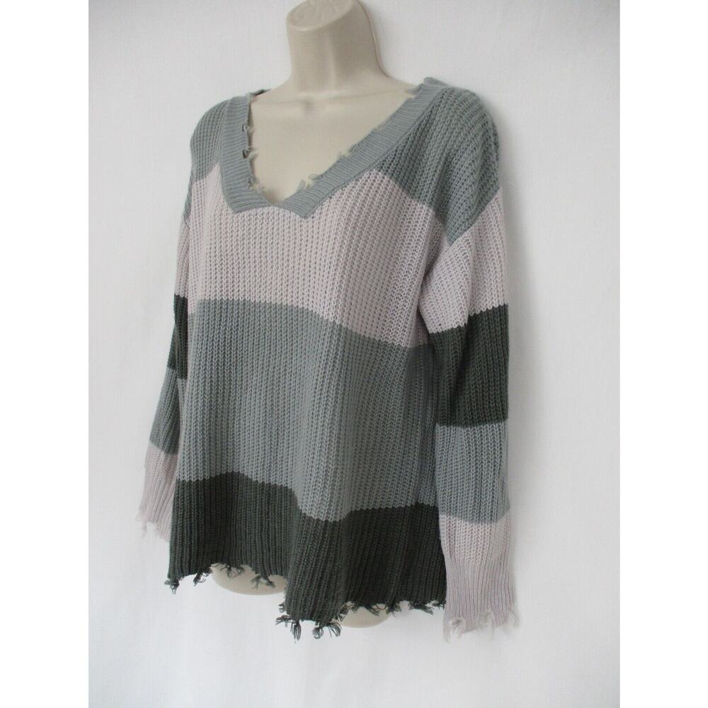 Simply Southern Collection Sweater Womens Small Striped Color Block Fringe Gray - Picture 3 of 14